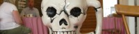 Close up of a skull mug. In the background to the left are two people drinking tea and chatting at a table in the gallery.