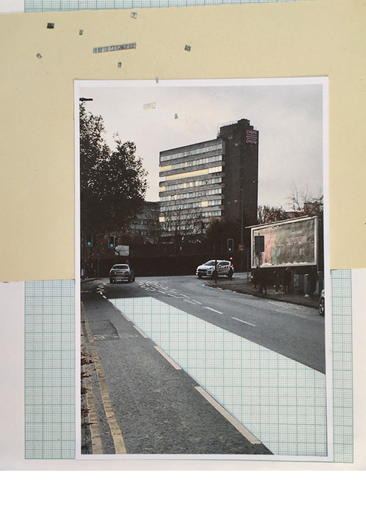 A collage of a road and a tall building with squared paper