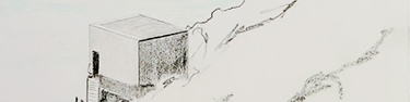 A detail of a drawing of a hut on a cliff